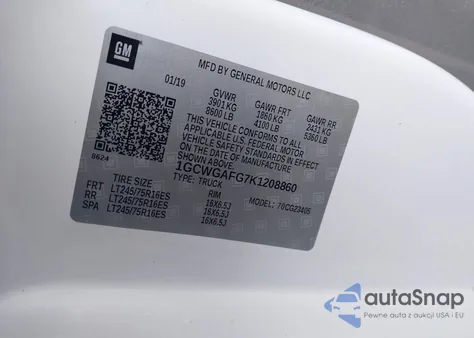 2019 Chevrolet Express 2500 Work Van z USA, uszkodzony, nr VIN 1GCWGAFG7K1208860